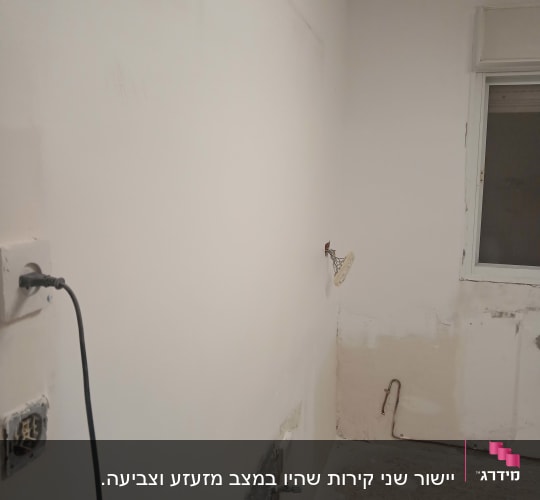 קיר לבן עם תיקוני טיח ושקע חשמל